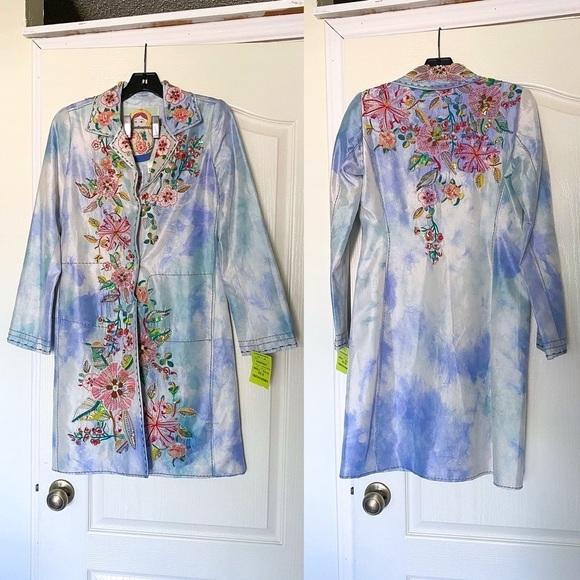 Johnny Was Coat Magic Silk Beaded Embroidered Clouds Vintage Blue Multi XS GUC - Picture 1 of 12